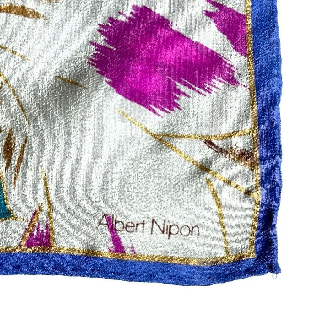 Albert Nipon for XIIX KARAT Silk Square Scarf Blue Magenta Tan Floral Vintage